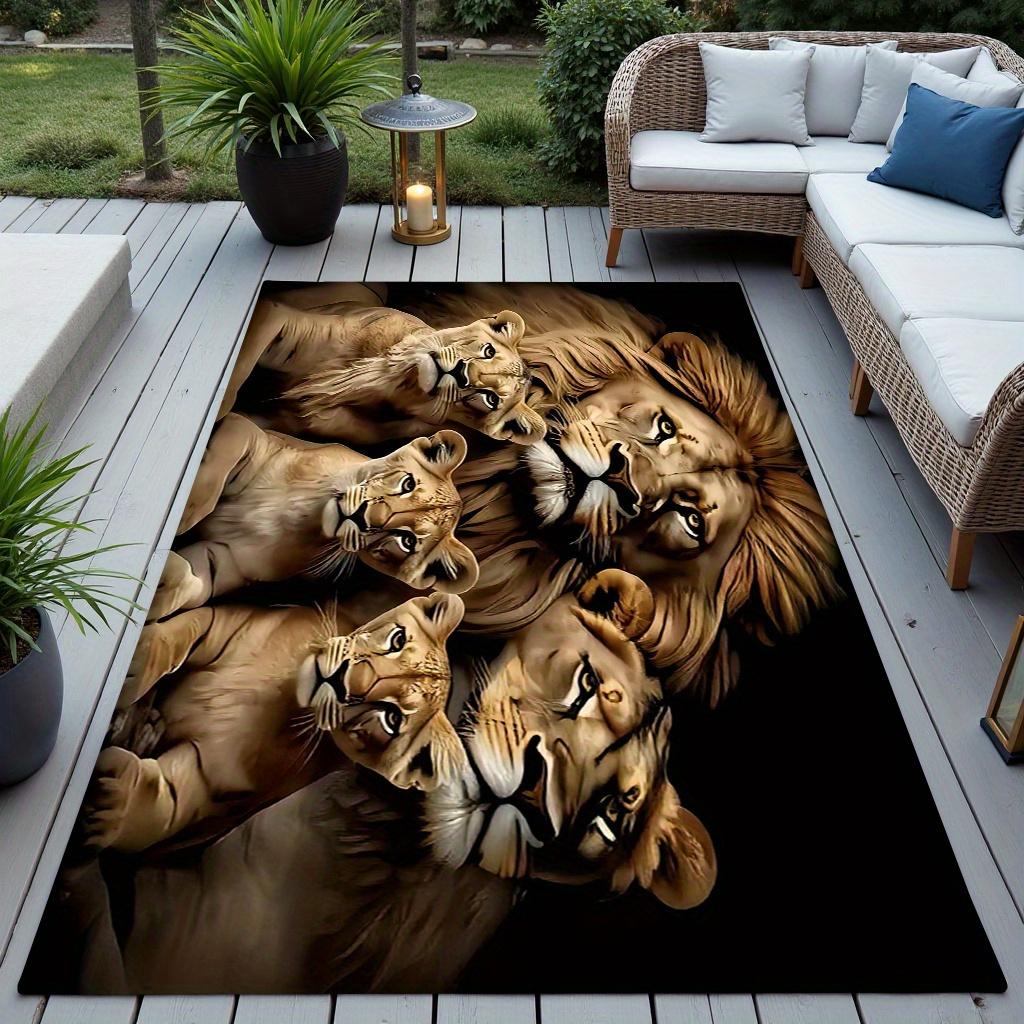 Flannel Printed Lion Family Rug Outdoor Indoor Garden Patio Mat Animal Theme Decorative Carpet Waterproof Anti Slip