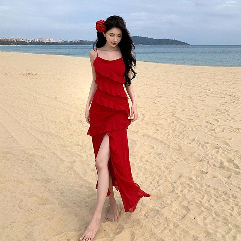 French Temperament Rose Red Suspender Dress Heavy Industry Ruffle and Ankle Dress Vacation Travel Wear