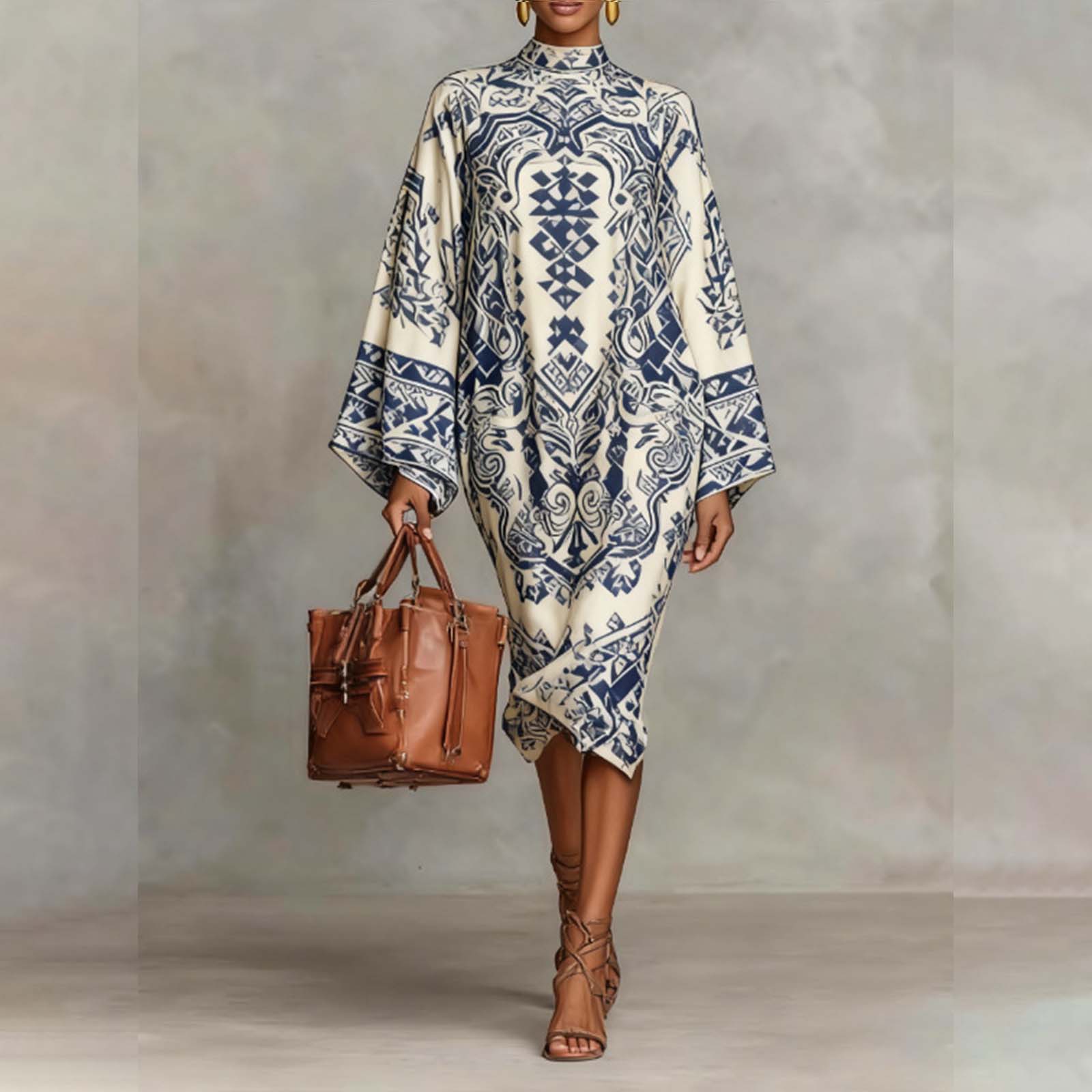 

Ladies Fashionable Casual Printed Long Sleeved Dress, Loose Long Skirt M темно-синього кольору