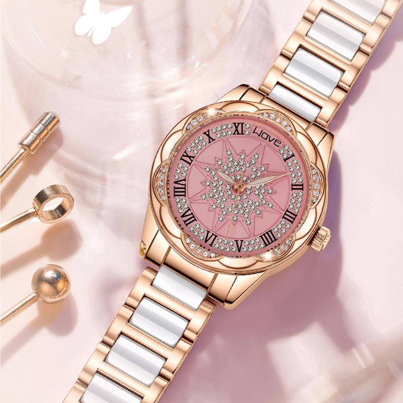 Women Quartz Watch Rhinestone Camellia Wrist Watches for Female Clock