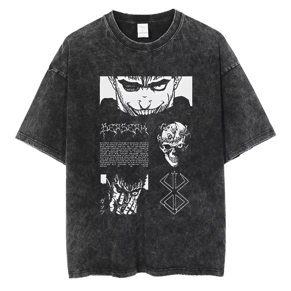 Berserk Anime Guts Charakter Vintage Gewaschenes Baumwoll-T-Shirt Retro Manga Grafik Sommer Kurzarm Locker Geschnittene Oberteile Für Männer Frauen Tägliche Freizeitkleidung