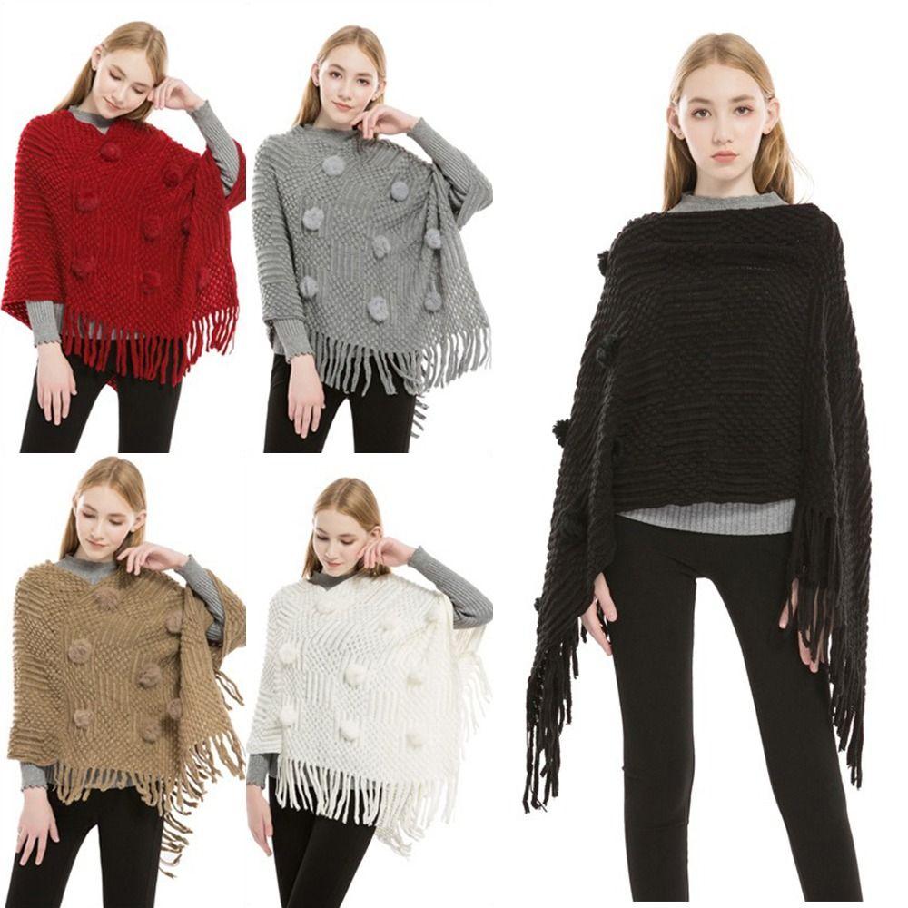 New Imitation Cashmere Warm Shawl Plus Size Rabbit Fur Ball Wrap Cloak Solid Color Tassels Scarf