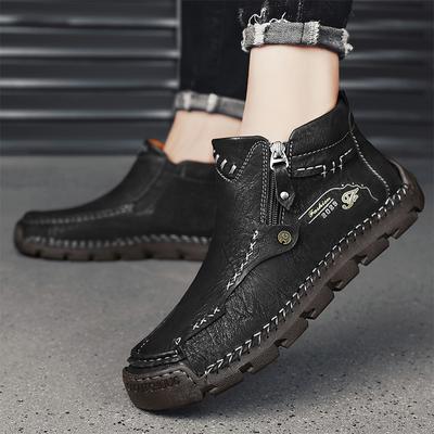 Travel Handmade Men's Ankle Boots Men Winter Plush Snow Boots Side Zipper Men Low Top Walking Shoes Leather Male Motorcycle Boot