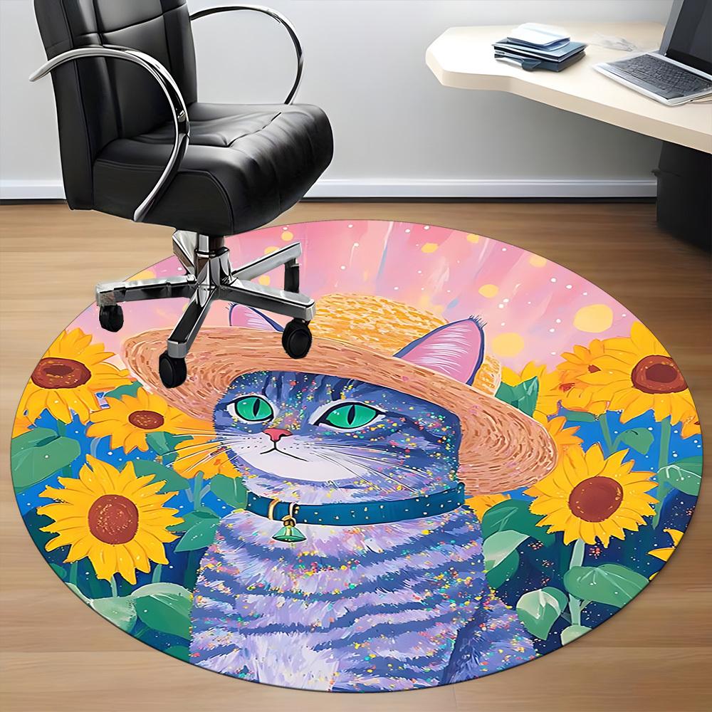 1pc Cat SunflowersChair Carpet for Office, Indoor Non-Slip Washable Polyester Fiber Carpet, Mat For Office, Machine Washable