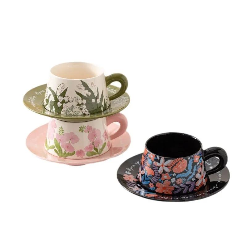 Linglong Flower Coffee Cup Saucer Set High Value Ceramic Mug Original Watercolor Fashion Ceramic Coffee Cup Saucer
