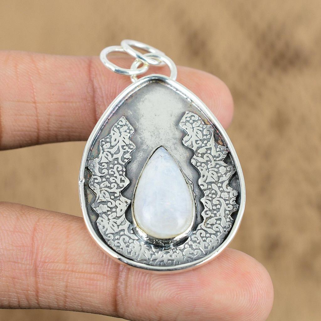 925 Silver Pear Rainbow Moonstone Stone Anniversary Sister Crown Chakra Pendant
