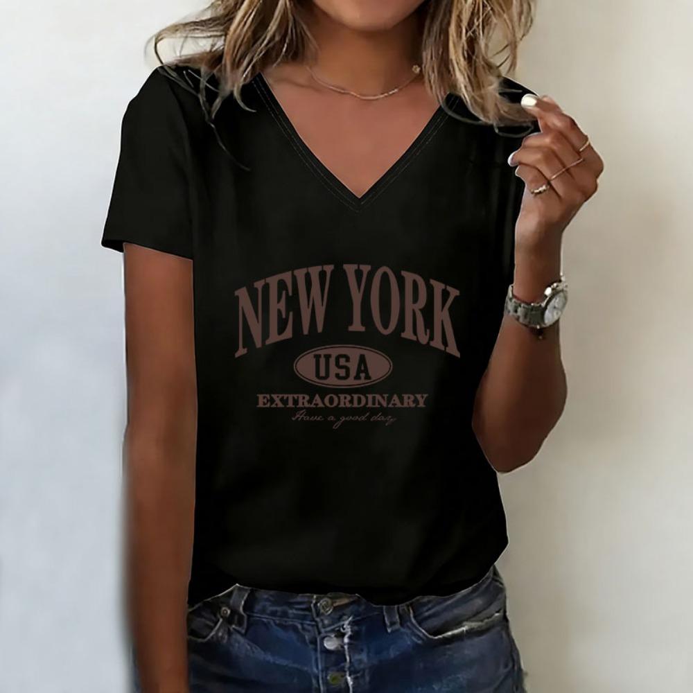 Fashion T-shirt V Neck Casual Y2k USA NEW YORK Printed T Shirts Women Short Sleeve Tee Shirt V-Neck Summer T SHIRT