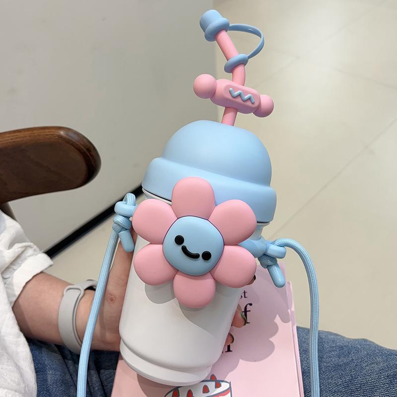 700Ml Cartoon Vacuum Flasks Straw Thermos Cup Female 316 Stainless Steel Milk Tea Cup High Value with Rope Flower Water Cup Gift