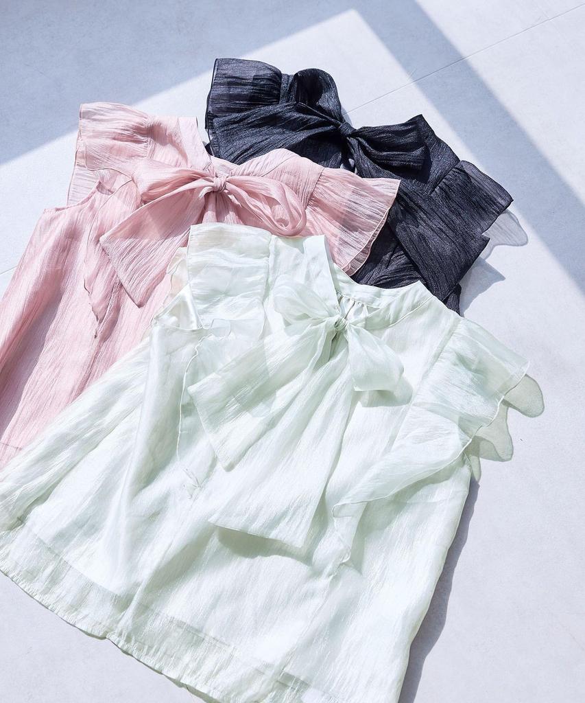 Shiny Bowtie Frill a gorgeous summer and back Black [BIS] Women's Blouse, staple. [Front 2-way] [Washable] (01)