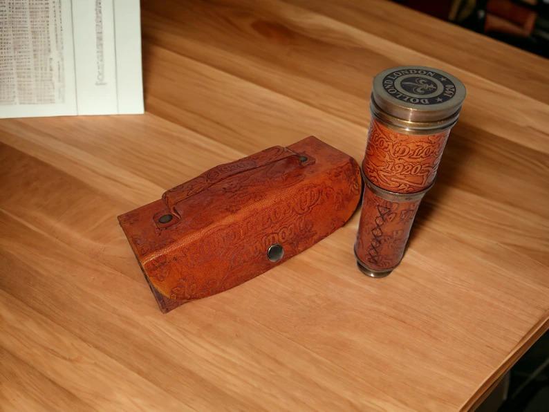 Antique Brass Decor Spyglass, Handheld Telescope with Leather Box for Adventure, Monocular Nautical Decor for Gift Giving, Christmas Gift