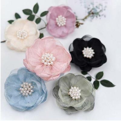 5Pcs Sewing Fabric 3D Chiffon Flower Beads Center DIY Artificial Flower Shoes Decor Hairpin DIY Sewing Applique