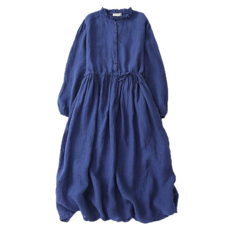 2025 Early Autumn Women's High-End Cotton Linen Ruffle Collar Mid-Length Dress - Light Luxury & Slimming Fit