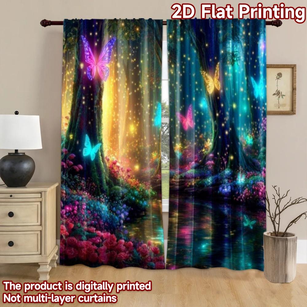 2D flat printing 2pcs Party Window Curtains Enchanted Forest Butterflies Glow Digital Printed Polyester Drapes Seasonal Party &