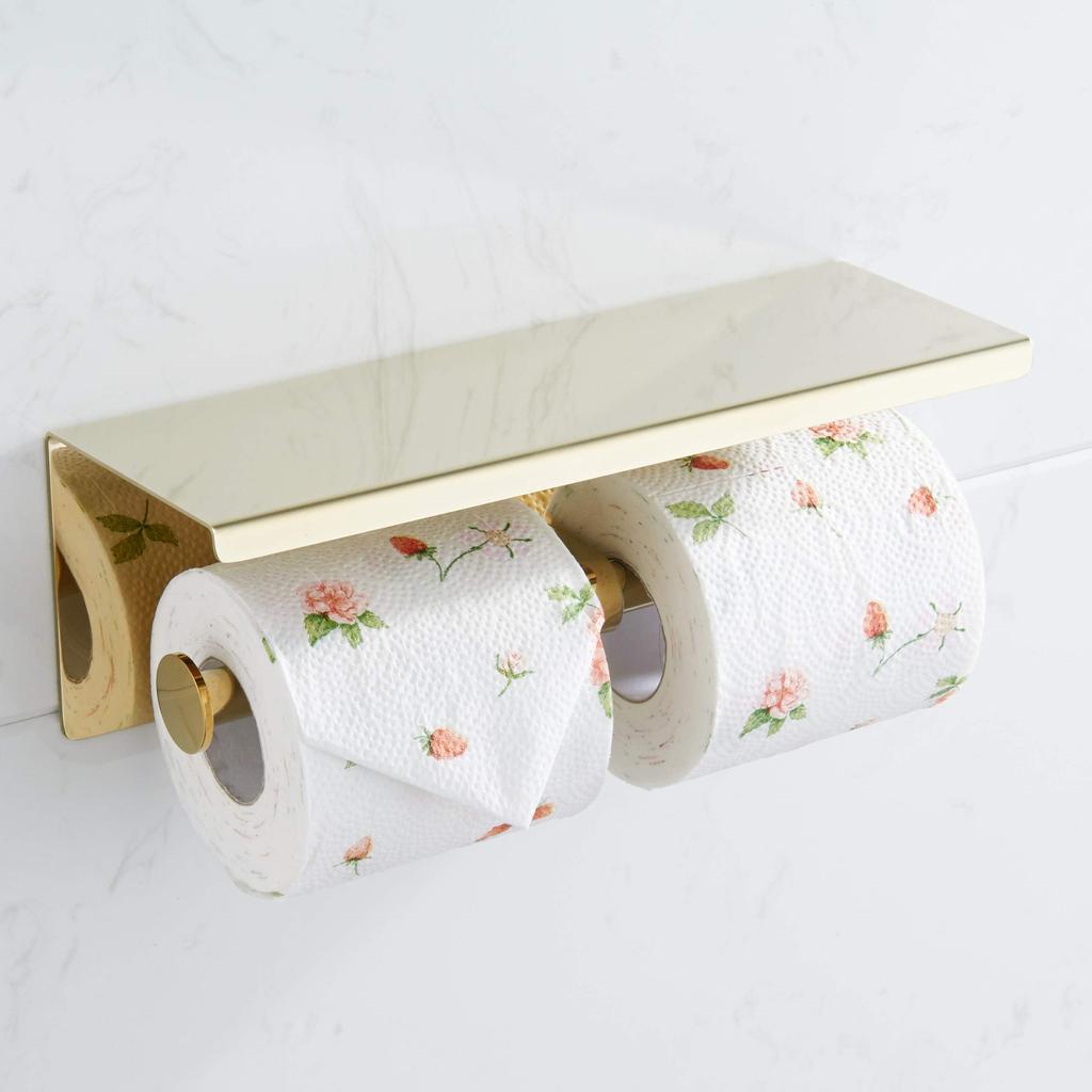 BGL Double Toilet Paper Holder, Stainless Steel 304, Wall Mount, with 2-Head Roll Tissue Holder and Shelf (Gold)