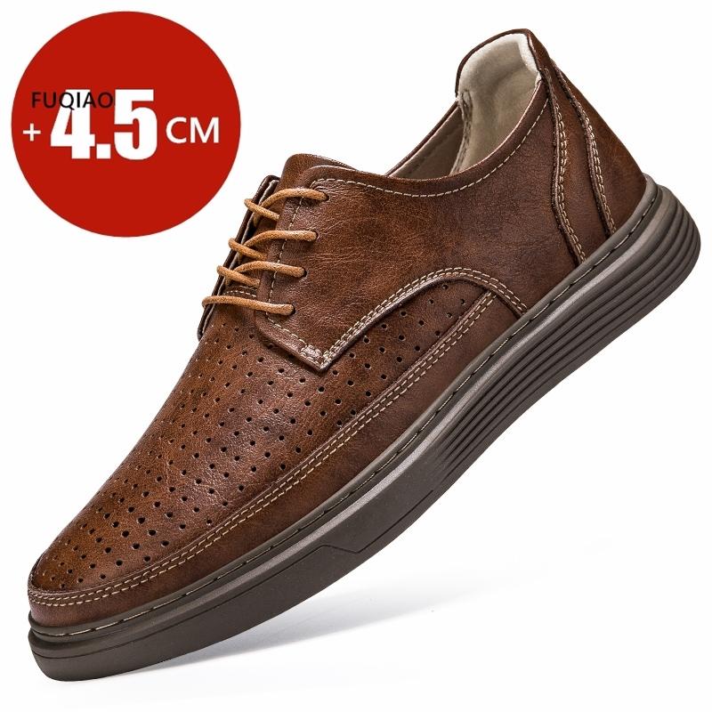 4.5cm Men's Height Increase Leather Loafers Lift Leather Breathable Comfortable Elevator Casual Shoes Hollow Out & All-Season