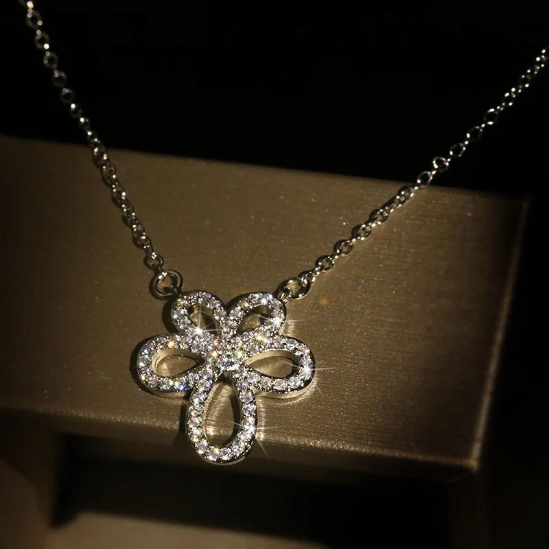 925 silver Ladies White Gold Filled Dazzling Cubic Zircon Flower Pendant Necklaces for Women Bridal Wedding Jewelry