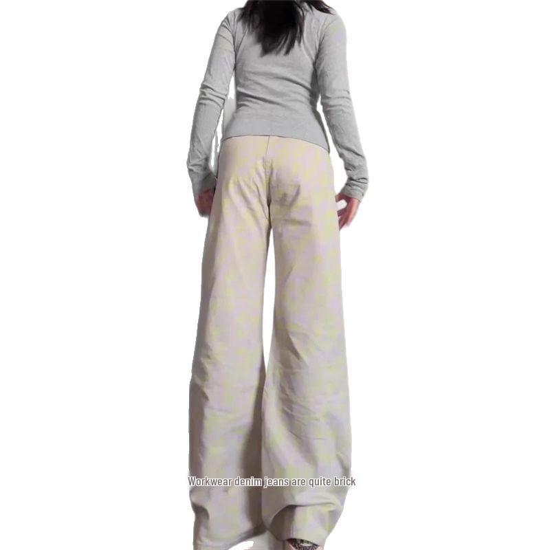 Plus Size Women's American Style Micro Flare High Waist Workwear Jeans - Loose Fit, Slimming, Straight Wide Leg, Floor Length for Spring & Autumn.