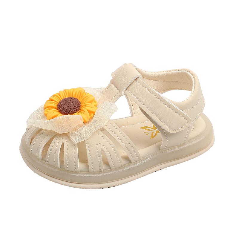 

Baby Sandals with Sweet Sunflower Girls Princess Walking Shoes Non-slip 2025 Summer New Kids Beach Shoes Soft Sole Size 16-26 16 бежевый