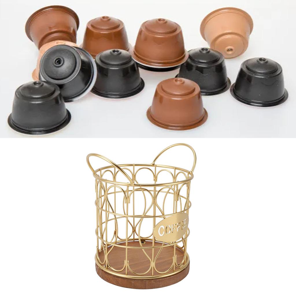 Coffee Pod Basket Decorative Round Wire Coffee Capsule Holder with Wooden Base for Cafe Kitchen Countertop