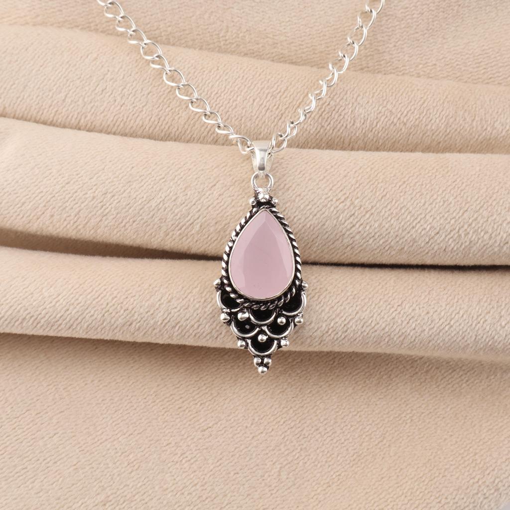 Rose Chalcedony Gemstone 925 Sterling Silver Handmade Designer Pendant 1.5" For Gift PP-70-18