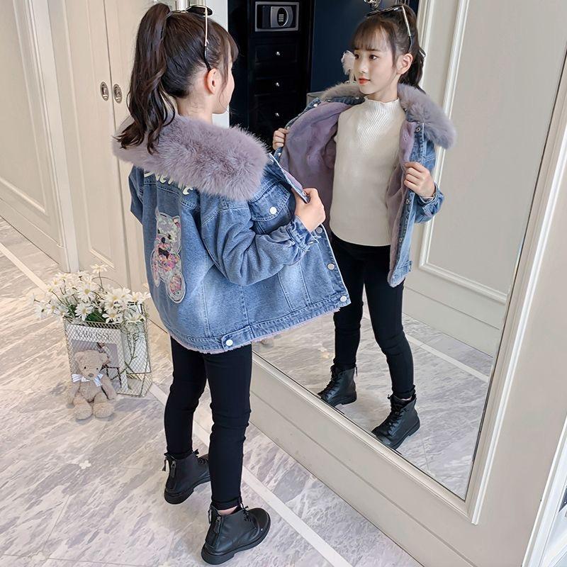 Girls' Jackets Autumn and Winter Models Children's Denim Plus Velvet Thick Winter Cotton Clothes CUHK Children