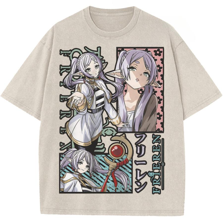 Frieren Print T-shirt Anime Frieren: Beyond Journey's End Clothing Men Women Tshirts Retro Washed T Shirt Harajuku Cotton Tops