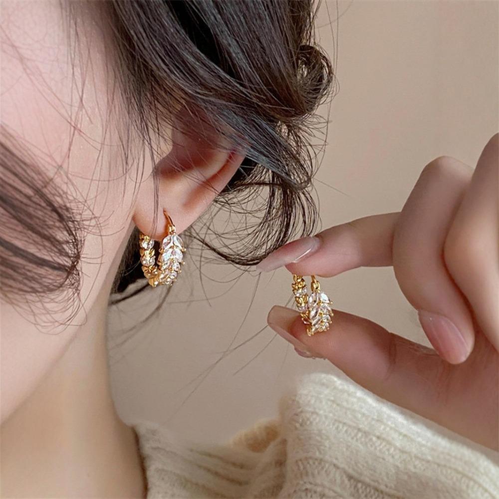 Korean Luxury Gold Color Sparkling Zircon Ear of Wheat Hoop Earrings for Women Wedding Party Daily Wear Exquisite Jewelry Gifts