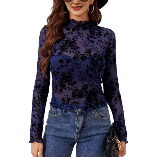 Women's Long Sleeve Mesh Top Mock Neck Floral Sheer See Through Shirt Sexy Party Club Night Going Out Blouse