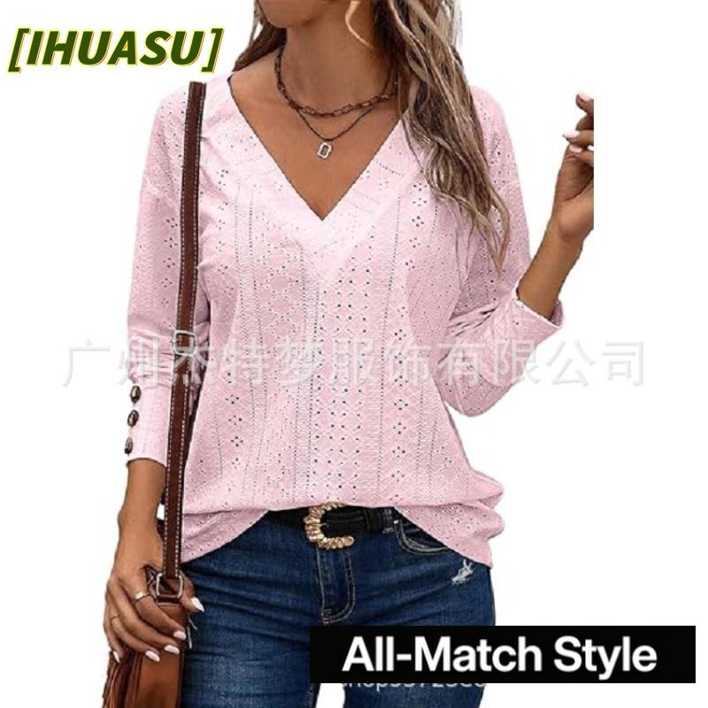 IHUASU Women's Fashion Casual V-Neck Long Sleeve Blouses & Shirts