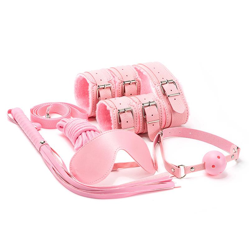 7-Piece Erotic SM Set: Plush Handcuffs, Leather Whip, Binding Restraints & More.