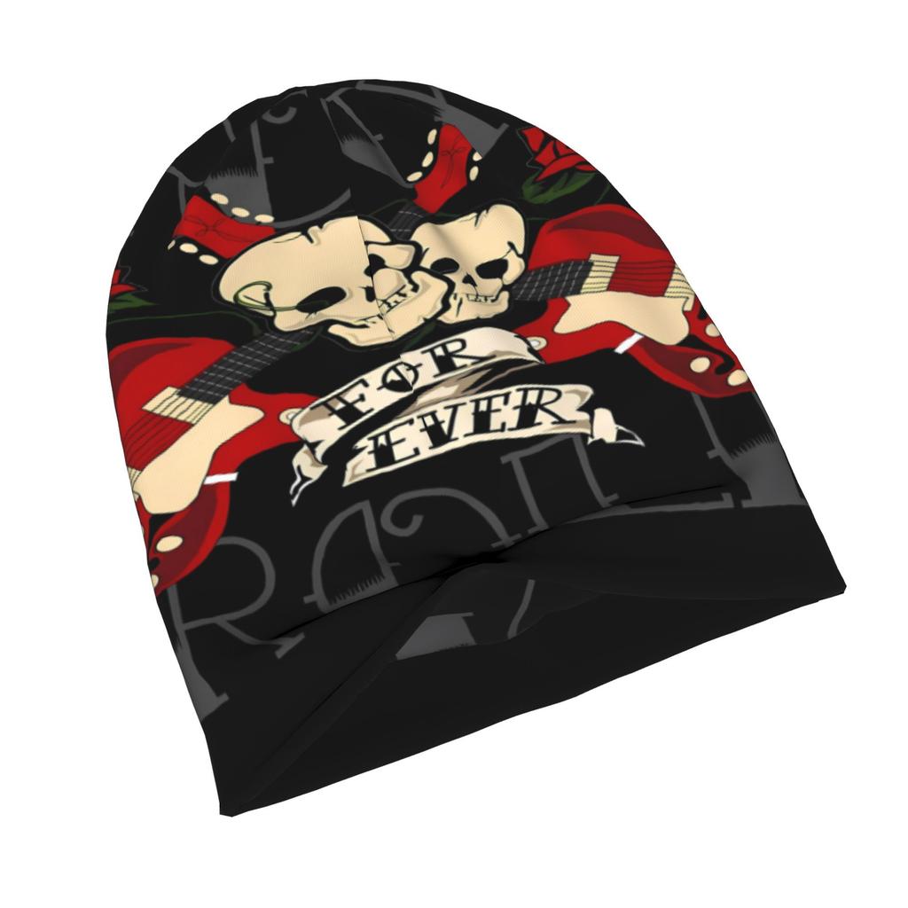 2D Flat Printing Rock Roll Forever And Skull Rose Knit Hat with Subtle Fashion Details, Ideal for Adults Seeking Texture And Character in Cold-Season