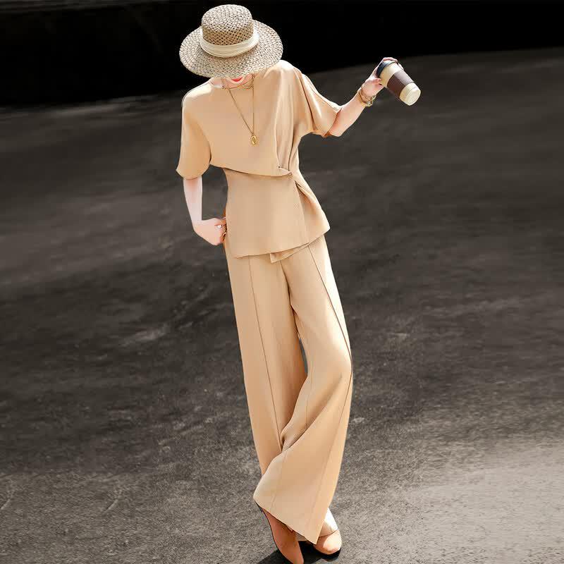 Women's Luxury Acetate Slit Top & Wide-Leg Pants Set