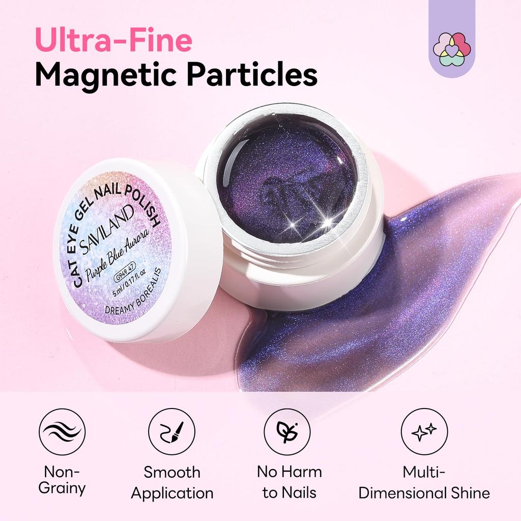 SAVILAND Cat Eye Gel Nail Polish Rainbow Aurora Cat Eye Gel Smooth Magnetic Gel Nail Polish with Magnetic DIY Nail Galaxy Nails 12-Color Set Blue,