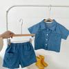 Summer Baby Denim Short Sleeve Pocket Top And Shorts Set For Boys And Girls 2 Piece Outfit