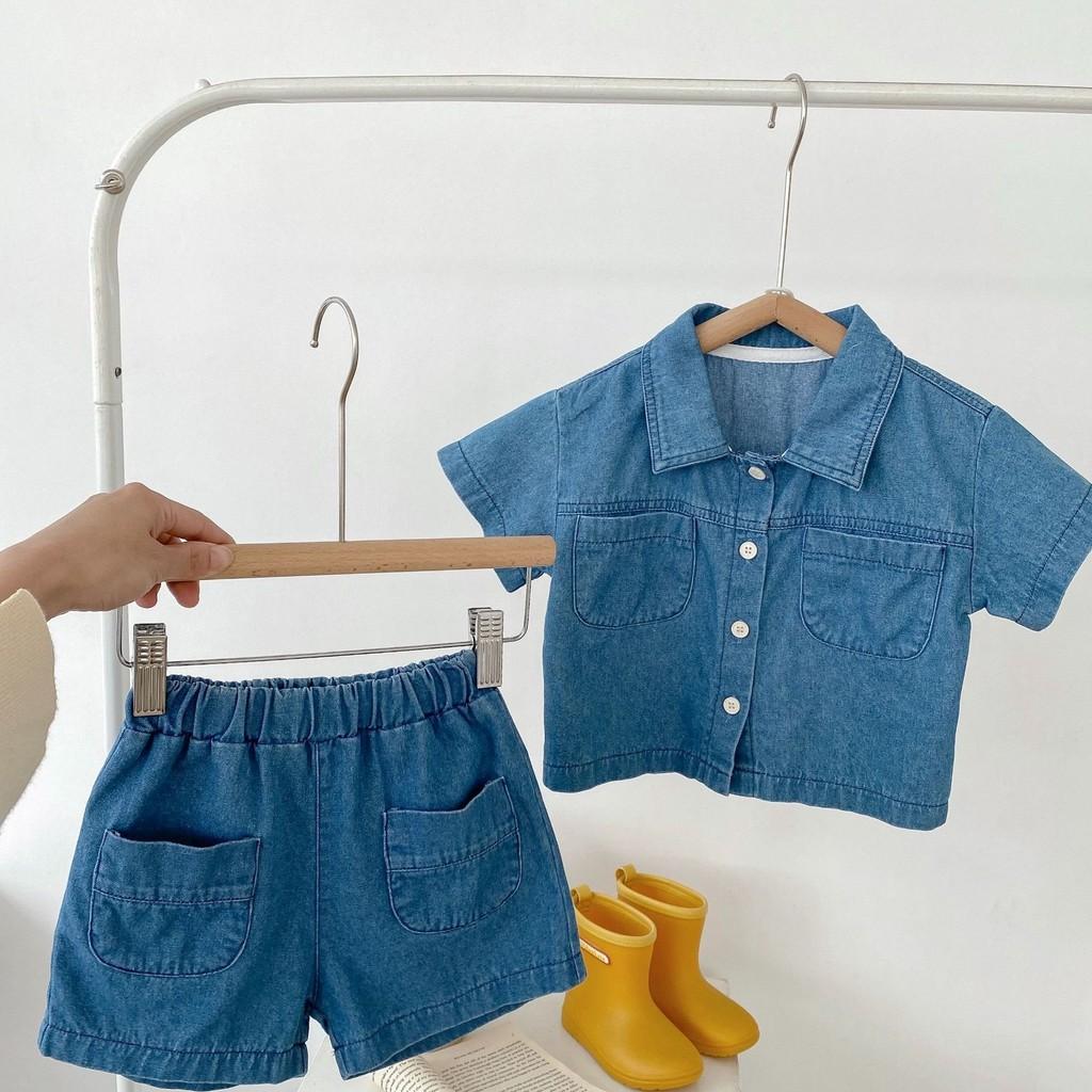 Summer Baby Denim Short Sleeve Pocket Top And Shorts Set For Boys And Girls 2 Piece Outfit