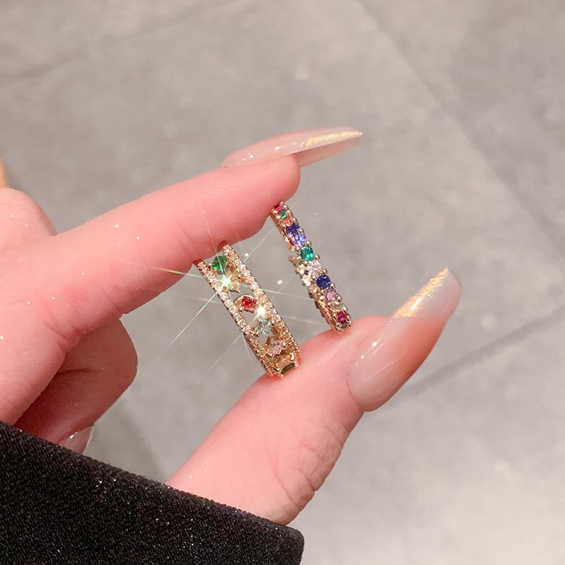 High-End Retro Rainbow Gemstone Zircon Open Ring - Women's Pinky Diamond Ring