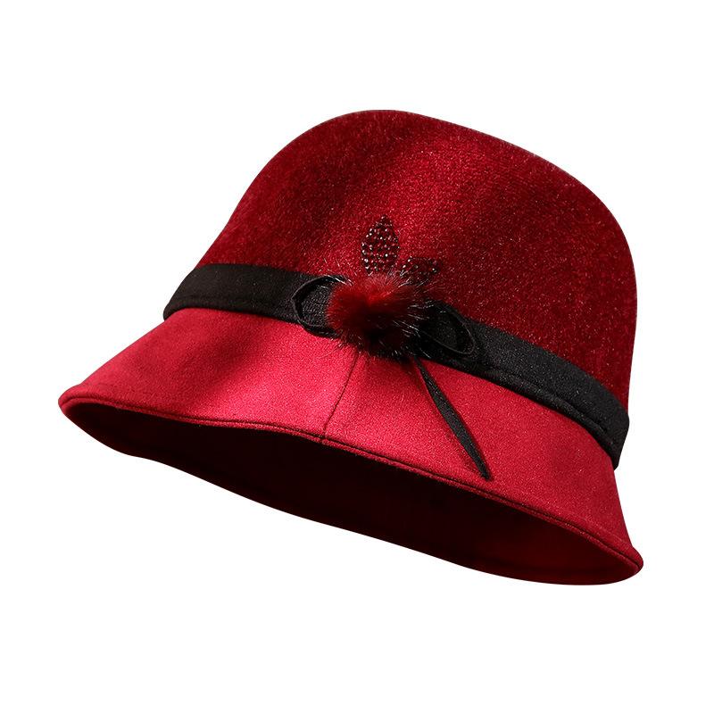 Hat Female Autumn and Winter Old Man Basin Hat Elegant Fashion Top Hat Mother Flower Hairball Retro Bucket Hat