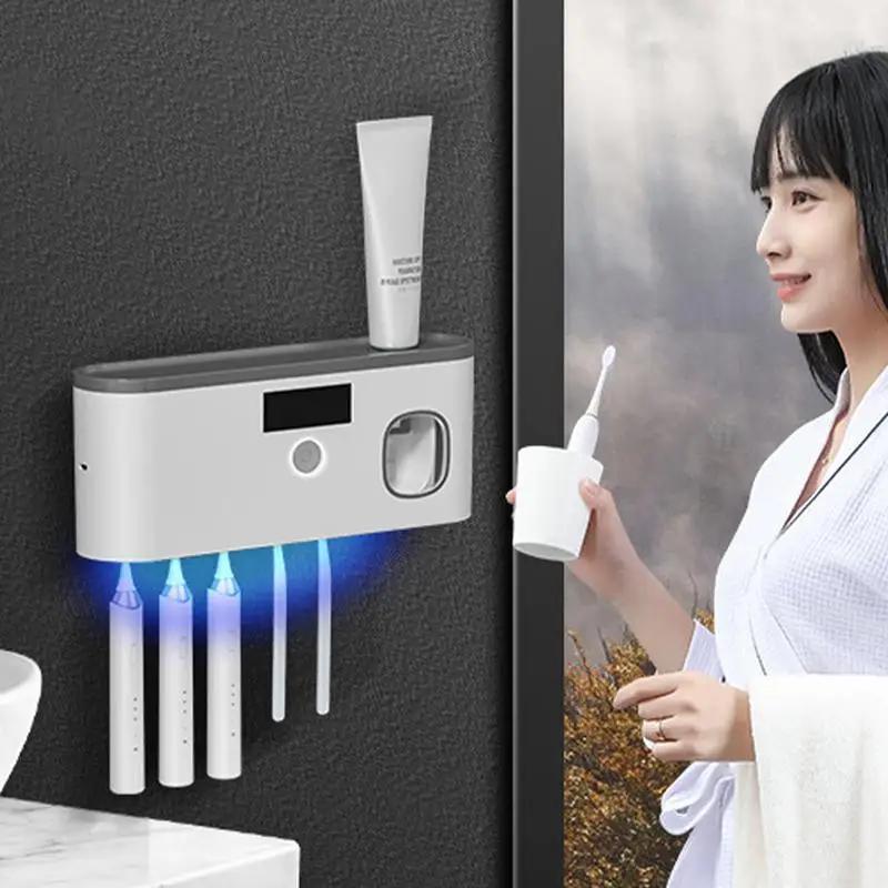 Toothbrush Wall Holder UV Tooth Brush Holder Wall With Toothpaste Dispenser LCD Digital Display Bathroom Supplies USB