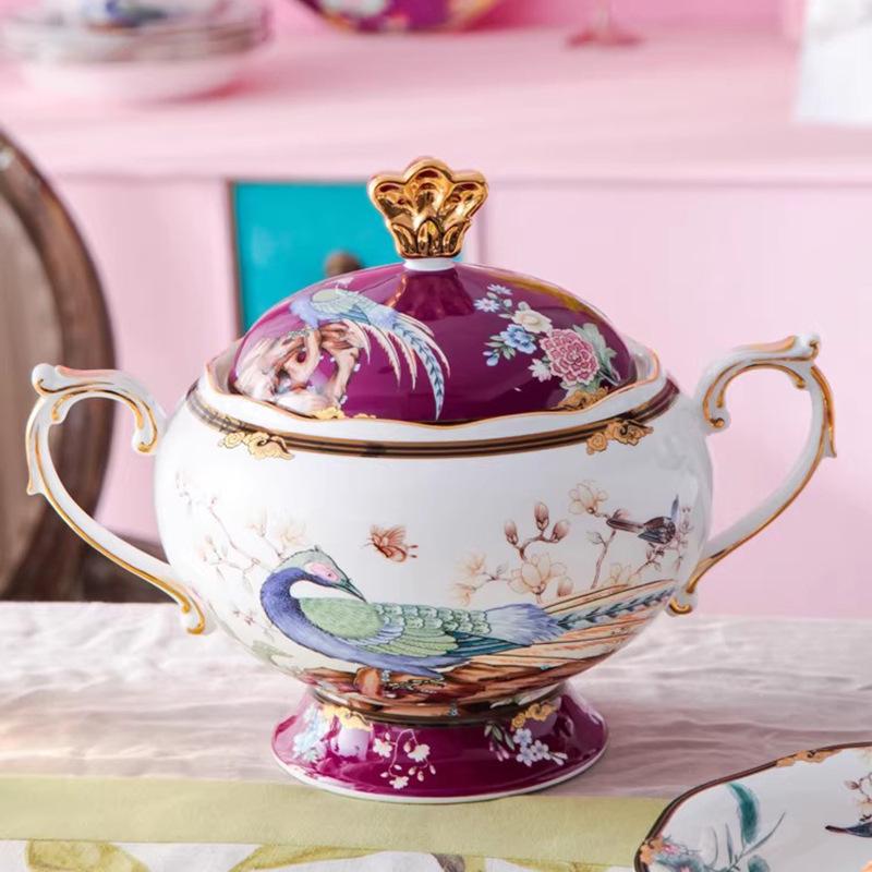 Exquisito Juego de Cuenco y Plato de Cerámica China: Vajilla Creativa Festiva de Porcelana Ósea con Cuencos, Platos y Cucharas