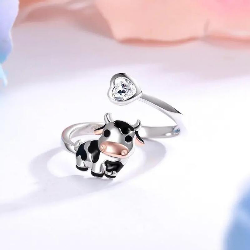 Cute Cow Opening Rings with Heart Cubic Zirconia for Women Pink Cow Animal Finger Accessory Daily Wear Statement Jewelry