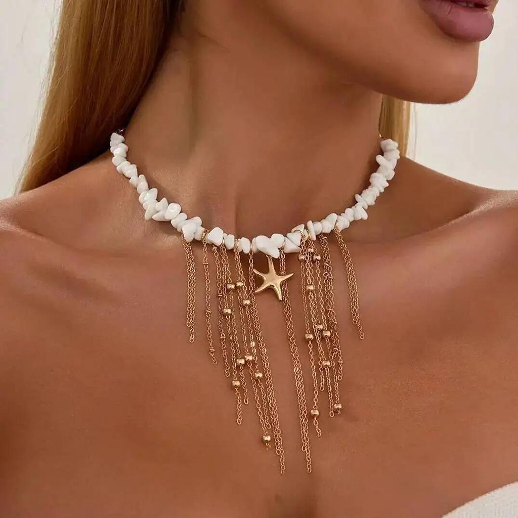 SHIXIN Boho Starfish Tassel Necklace Pendent Necklace Women Vintage Summer Gravel Beaded Clavicle Chain Party Jewelry 2026 New