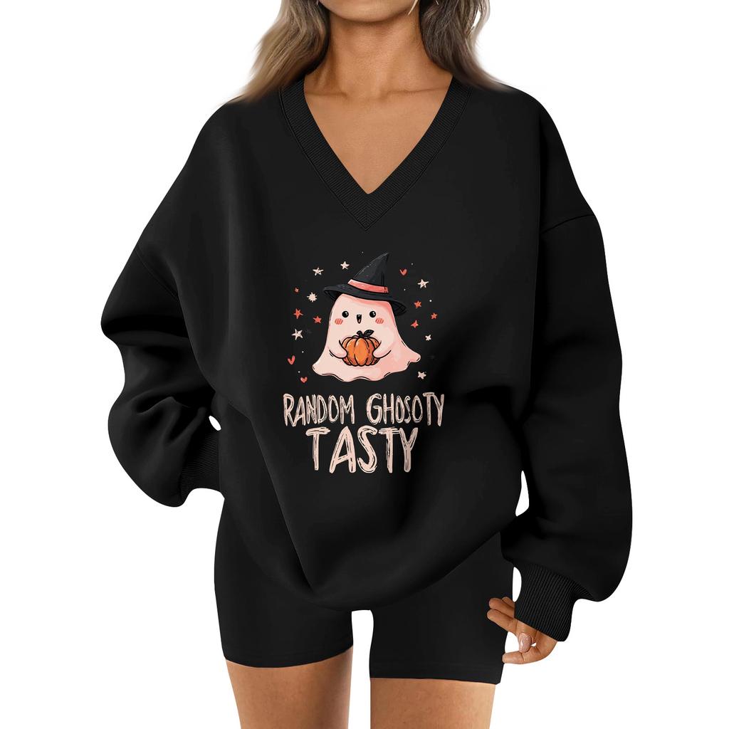 Women's V-neck Dropped Shoulder Halloween Print Sports Sweatshirt Top