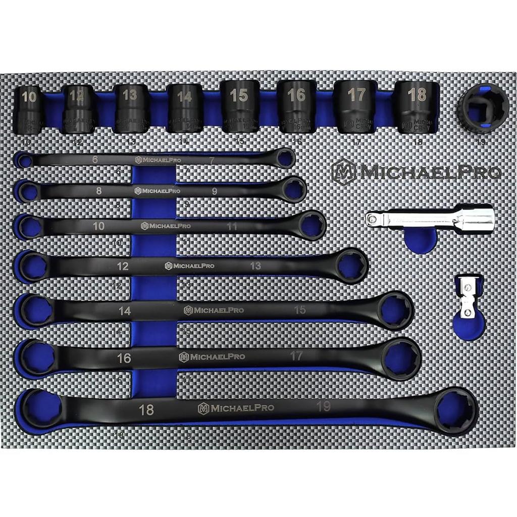 MichaelPro Bolt Extractor Wrench and Socket Includes Offset Metric Box End and Steel Extractor Sockets for Removing Rounded Strips Thin Bolts 18-Piece