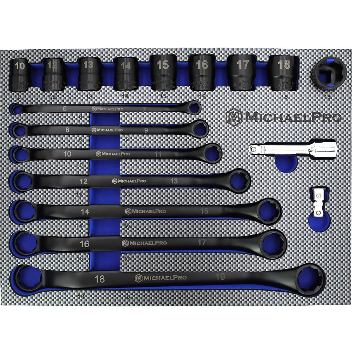 

MichaelPro Bolt Extractor Wrench and Socket Includes Offset Metric Box End and Steel Extractor Sockets for Removing Rounded Strips Thin Bolts 18-Piece чёрный