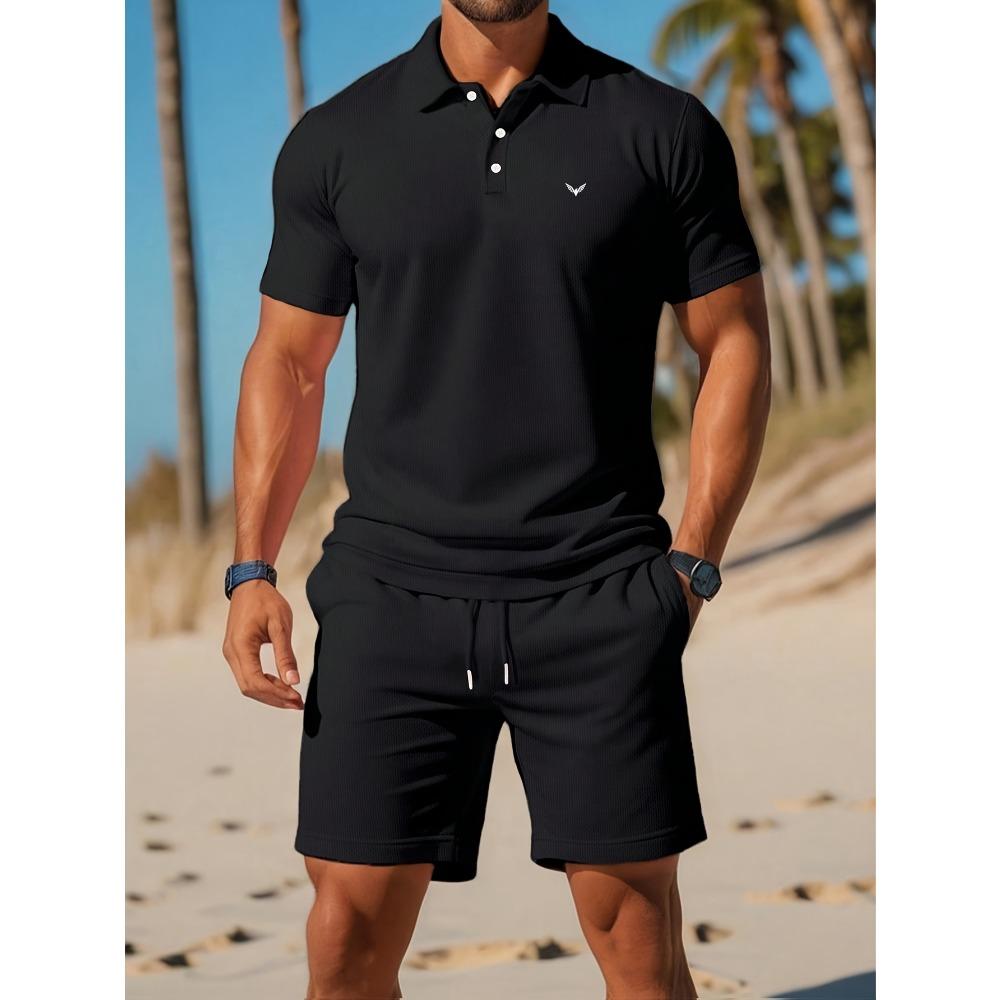 

Men Casual Summer Short Sleeve Shirt Shorts Set Lightweight Polyester Blend for Beach & Vacation Beach Attire M чорний