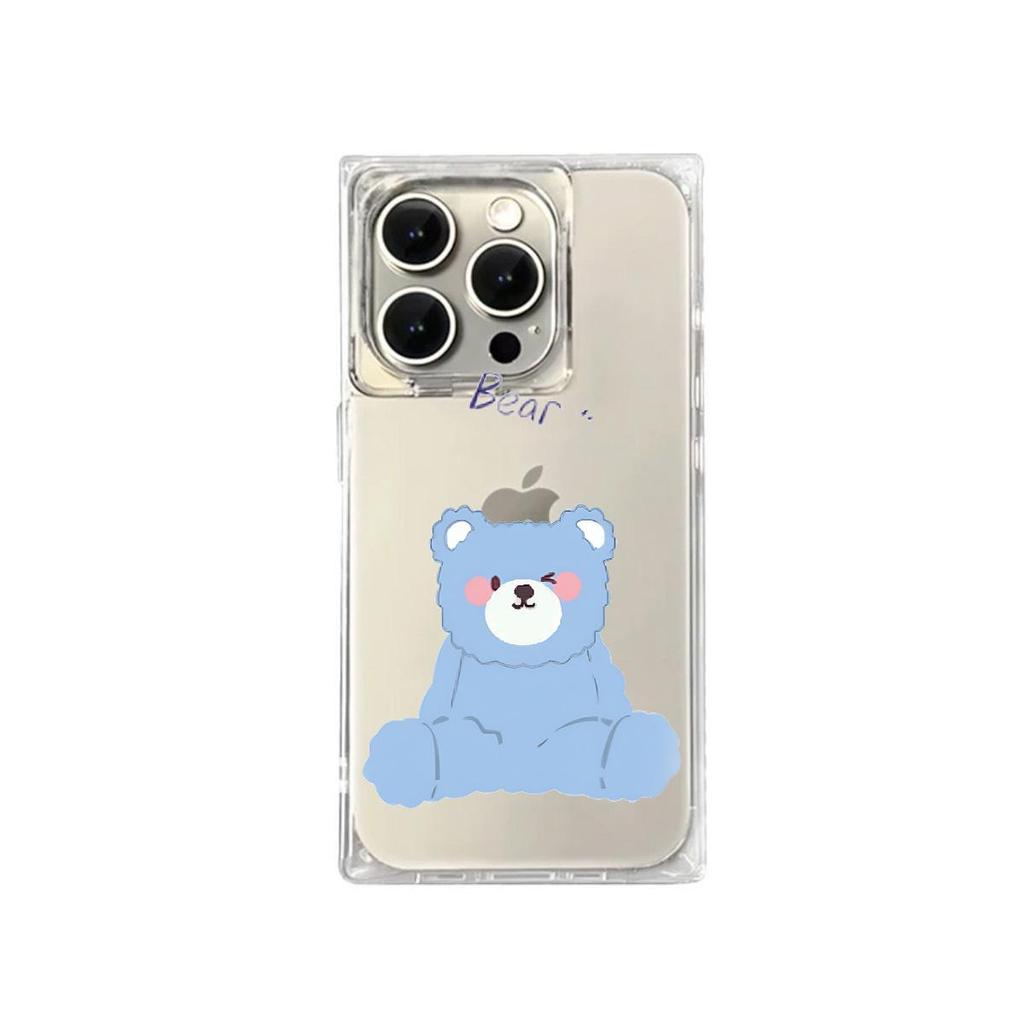 Square Back Tube Protection Clear Case For iPhone 12 13 16 ProMax 11 15 Plus 14 Pro Max Anti-Oxygen,Blue Bear Pattern Casing