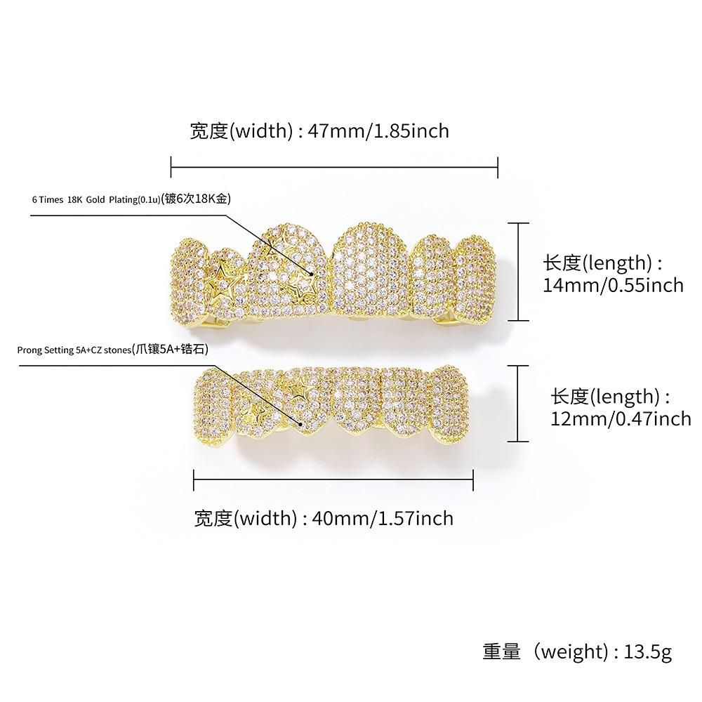 Stock Hip Hop Rapper 6 Tooth Grillz Full Micro Pave Bling Zircon Gold Silver Cosplay Novelty Oral Teeth Decoration