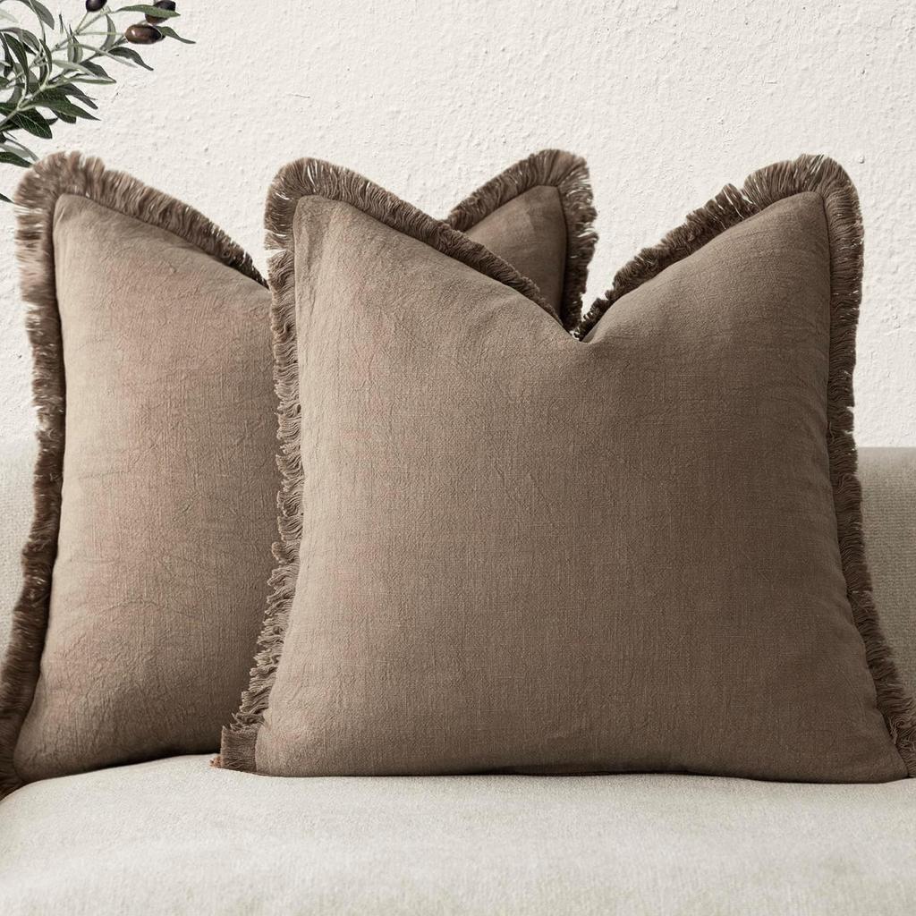 Fundas de Cojín Decorativas de Lino Verde Oliva con Flecos Estilo Boho Granja con Borlas Funda de Cojín para Sofá Sala de Estar 18×18 Pulgadas