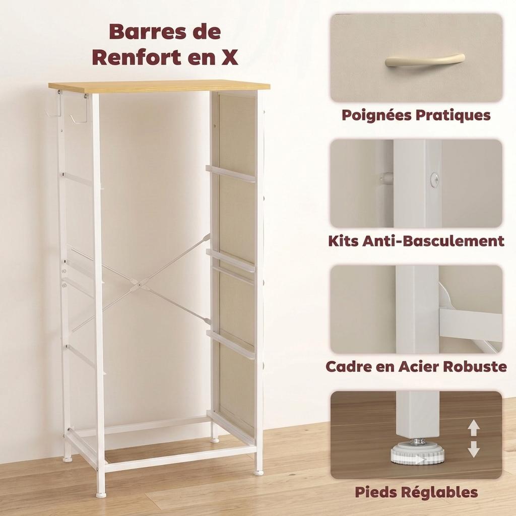 Fabric Chest of Drawers, 4 Drawers, 4 Pockets, 2 Hooks, Steel Frame, 45 x 30 x 94.5 cm, Beige