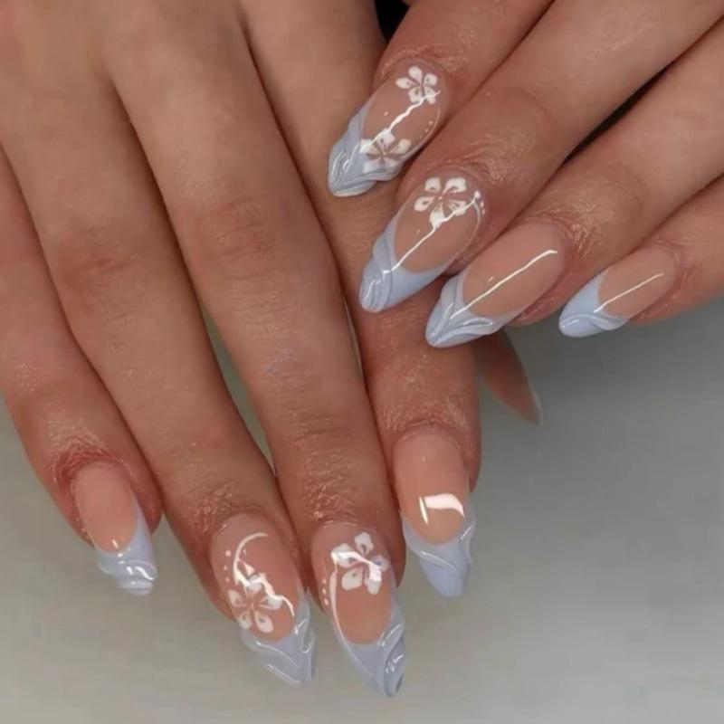 Blue Fishtail Pattern 3D Gel French Style Almond False Nails - 24 Nude Pieces